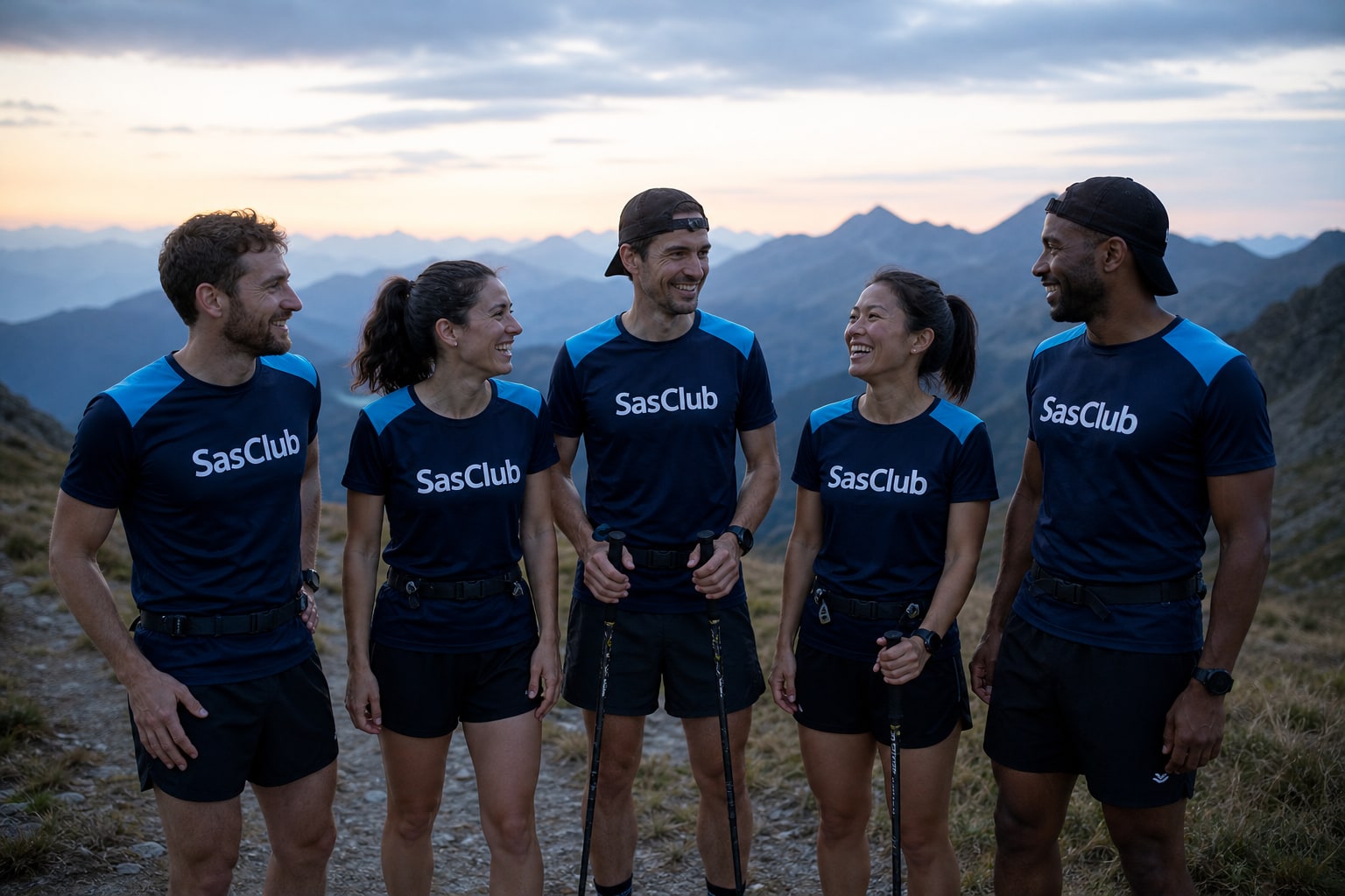 Cinq traileurs réunis en montagne portent des maillots bleu nuit et bleu glacier, avec le nom SasClub sur la poitrine. Groupe fictif généré.